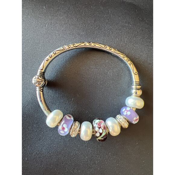 Art Glass Milifiori Charm Bracelet Hinged Bangle Purple Bead Silvertone - Picture 1 of 3